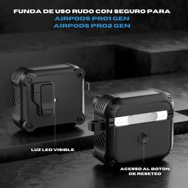 Alomia Funda Uso Rudo Compatible con AirPods Pro 2. Funda con Bloqueo de Seguridad. Protege de caídas, rayones y Polvo con Kit de Limpieza y 3 Pares de Almohadillas (S/M/L) (Color Negro)