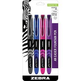 Zebra Pen Fountain Pen Set, Fine Point 0.6mm, Assorted Colors Non-Toxic Ink, Stainless Steel Nib, Disposable, 4-Pack (48304), Black, Pink, Purple, Blue