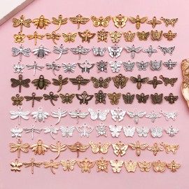 Youdiyla 100pcs Craft Supplies Mixed Butterfly Dragonfly Bee insect Charms for Jewelry Making Crafting Findings Accessory For DIY Necklace Bracelet (Mix 5 color)