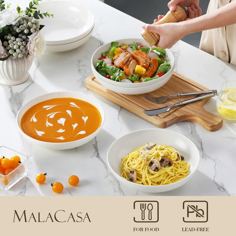 MALACASA 8.85" Large Pasta Bowls, 42 OZ White Salad Bowls