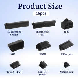 16 Pcs 10 Types USB Cover, Silicone USB Port Cover Dust Plug Mobile Dustproof Plugs for USB-A Female, Type-C Cap, 3.5mm Headphone Jack, HDMI, SD, VGA, DP, RJ45 Ethernet Protector Stoppers