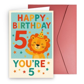 JYfeel Happy 5th Birthday Card for Boys - Cute Lion Greeting for 5 Year Old Boy or Grandson - Grandson Birthday Wish Age 5 - Includes Red Envelope & Gold Seal Sticker US05BC1R