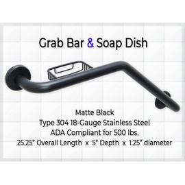Bathroom Grab Bar & Soap Dish for Bathtub Shower Safety/304 Stainless/Right/Matte Black/ 24" x 16"