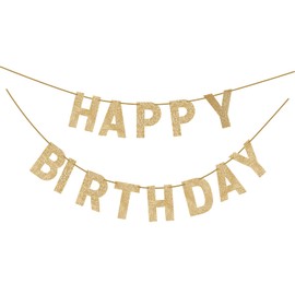 Pre-strung Happy Birthday Banner - Gold Glitter Letter Garland, No DIY Birthday Party Backdrop for Men Women, Wall or Window Décor | Bannière Joyeux Anniversaire Or, Pré-assemblée, Décoration Murale Fête