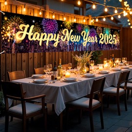 Happy New Year 2025 Large Yard Banner Decorations - Colorful Firework Sign for Holiday Eve Party Supplies - Photo Booth Prop for Christmas and New Year's Eve