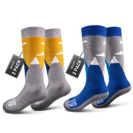 OutdoorMaster Kids Ski Socks - Merino Wool Blend, Over The Calf Design (M, Blue,Gray - 4)
