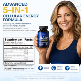 Suplemento NAD+ con ribósido de nicotinamida 500 mg y Trans-Resveratrol - Suplemento NR para energía celular y apoyo al envejecimiento saludable para 