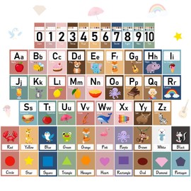 Sinload 57 Pcs Alphabet Number for Classroom Wall Boho Bulletin Board Decorations Colorful Letters Numbers 0-10 Cards Cutouts Color Shape Educational Posters for Elementary School Teacher