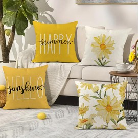 RABUSOFA Summer Pillow Covers 18x18 Set of 4 Outdoor Waterproof,Watercolor Daisy Hello Sunshine Yellow Decor Throw Cushion Case Decoration for Home Couch Chair Sofa