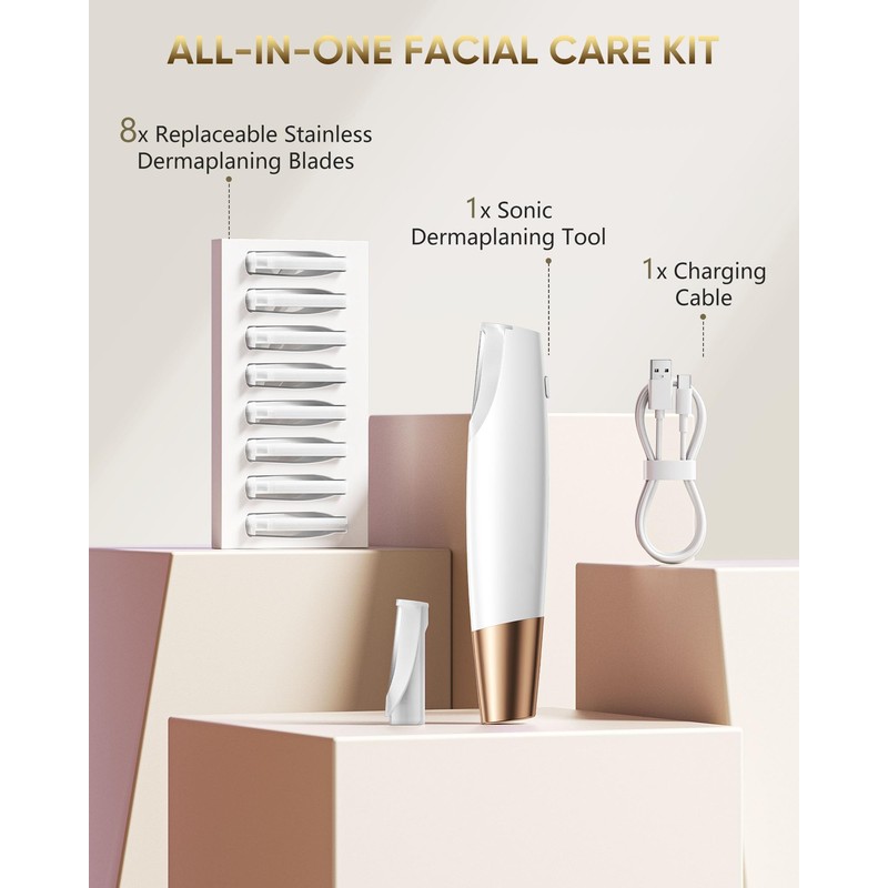 Sonic Dermaplane Razor for Women Face: Dermaplaning Tool with 8