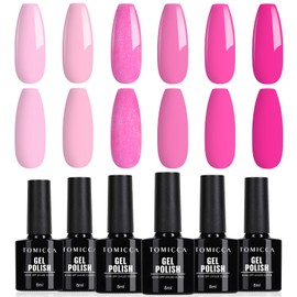 TOMICCA UV Gel Nail Varnish Set, 6 Colours, Pink, Shellac, Nail Varnish, Soak Off, UV/LED Gel Nail Varnish, Gift, for Nail Studio, DIY at Home, 8 ml