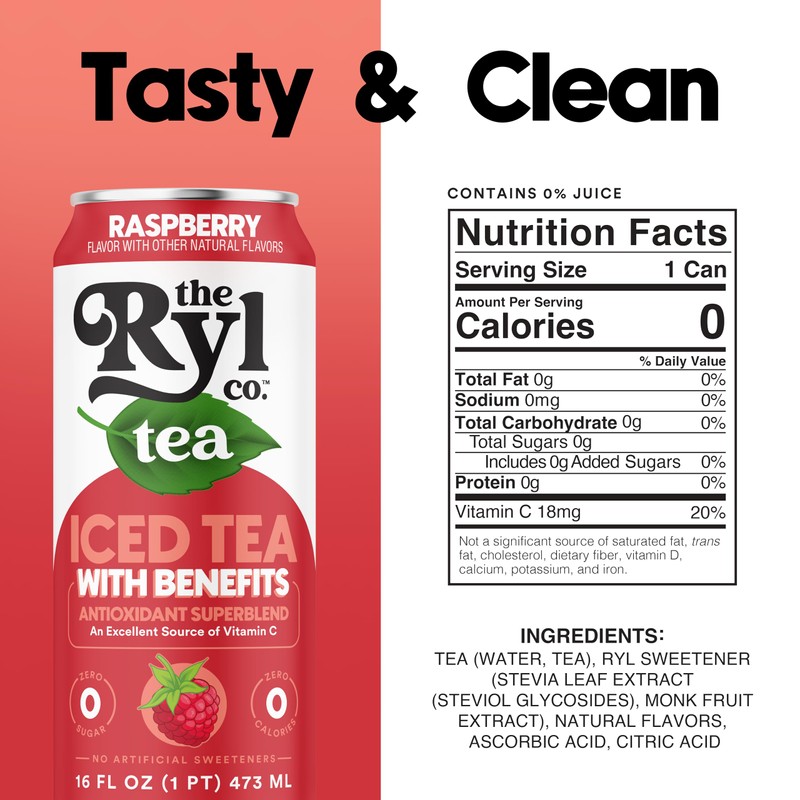 Ryl Iced Tea, Raspberry, Antioxidant Superblend, Zero Sugar, Low Carb,