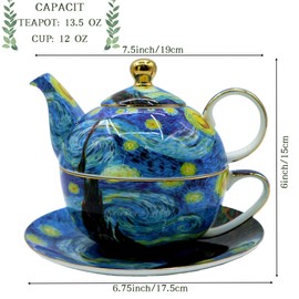 Porcelain 13 OZ Tea for One Teapot and Cup Set Vintage Floral Ceramic Tea Set European Style Tea pot and Saucer Set (Starry Sky)
