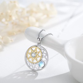 XIXLES Sun Moon Chains 925 Silver Women's Necklace Sun Moon Pendant Moonstone Moon Necklace Sun Moon Jewellery Gift for Girlfriend Wife Mum, Sterling Silver, Moonstone