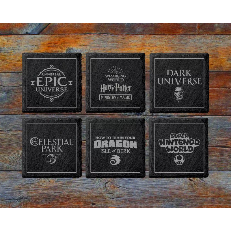 Universal Epic Universe Theme Park 6 Slate Coaster Set