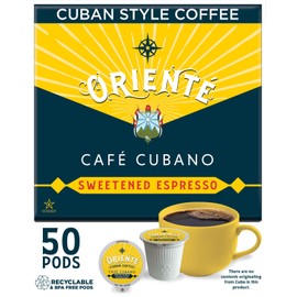 Oriente Dark Roast Cuban Coffee Pods, 50 ct. | Cafe Cubano | Sweetened Espresso | 100% Arabica Dark Roast Coffee | Solar Energy Produced Recyclable Pods Compatible with Keurig K Cups Maker