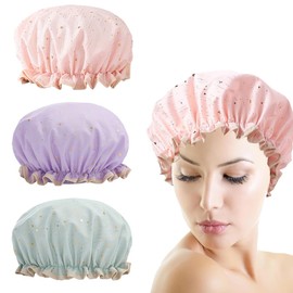Pack of 3 Waterproof Shower Caps, Women's Shower Waterproof Double Layer, Large Elastic Shower Cap, Reusable Shower Caps, for Girls, Women, Cosmetics, Home, Hotel, Travel