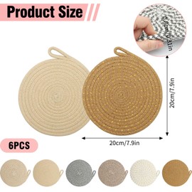 Omtofo Pack of 6 Pot Coasters, Coasters, Cotton, 20 cm Insulated Place Mats, Round Braided for Cooking in the Kitchen, Bowl, Pan, Pot and Plate (6 Colours)