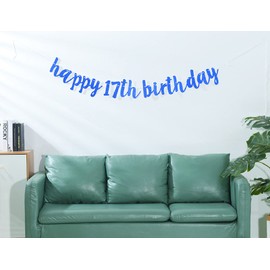 bng-bng 17th Birthday Banner Decorations for Boys Blue Happy 17th Birthday Bunting 17 Banner Glitter Hanging Letter Garland for 17 years Old Birthday Party Decoration Photo Backdrop Blue
