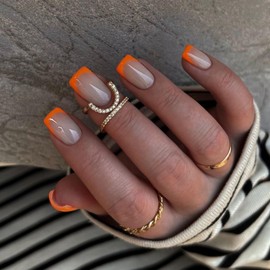 KQueenest 30 Pcs Orange French Tip Press on Nails Short Square, Natural Nude Fake Nails with Glue, Classic French Glue on Nails Short Stiletto, for Women Daily Wear