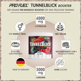 Pre-Workout Booster Wild Berry - 360 g - Incredibly Delicious - TUNNELBLICK Training Booster with Citrulline, Beta-Alanine, Taurine, Caffeine & Guarana - Optimal High Dose - Made in Germany - 100% Vegan