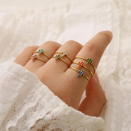 Youzealou Adjustable Crystal Cross Ring for Women - 18K Gold Plated Open Christian Ring, Faith, Hope, Love, Purity Symbol Ring (green)