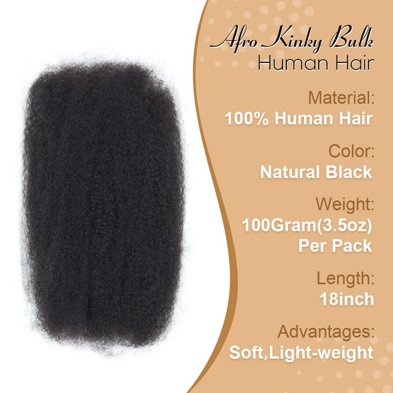Vecago Afro Kinkys Bulk Human Hair, 18 inch 4c Curly