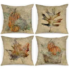 Benjia 20x20 Fall Throw Pillow Covers Set of 4, Watercolor Pumpkin Maple Leaves Decorative Holiday Pillow Case 50 x 50 cm Pillowcase for Indoor Home Bedroom Sofa Couch Decor