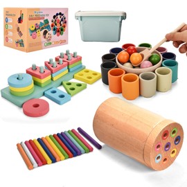 Montessori Toys for 1-3 Year,3 in 1 Wooden Learning Fine Motor Skills Toys Rainbow Color Sorting Toy for Toddlers - Preschool Color Matching, Educational Color Recognition ShapeSorter Boys Girls Gifts