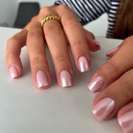 Sxvme Uñas Postizas De Acrílico Transparentes, Cortas, Cuadradas Y Gruesas, Reutilizables, Con Forma De Donut Cromada, 24 Unidades Cuadrado Rosa Nude 