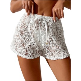 YELAIVP Women's Cover Up Shorts Hollow Out High Waist Bikini Bottoms Drawstring Beach Coverups Bathing Suit Swimsuit Bottom