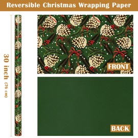 WRAPAHOLIC 30 Inch Jumbo Reversible Green Christmas Wrapping Paper - 30 Inch x 33 Feet - Pinecones with Red Bow Wrapping Paper and Solid Green for Xmas Holiday, Party Celebration