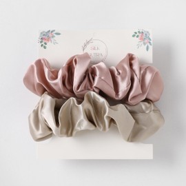 Silk Sutra Hair Scrunchies for Frizz Prevention, 22 Momme 100% Mulberry Silk Hair Ties for Breakage Prevention, Elastic ponytail Holders (Dusty Blush & Light Coffee (Large 2pcs))