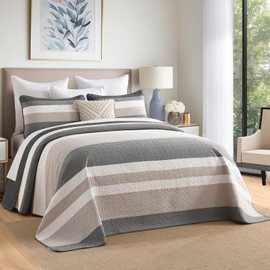 Finlonte 100% Cotton Oversized King Bedspread 120"x120", Extra Large Quilt, Modern Striped Bed Spreads Coverlet, Lightweight Reversible Yarn Dyed Quilted Bedding, 3 Piece, Gray/White