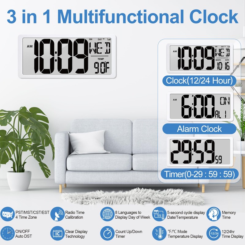 18.5" Extra Large Amotic Digital Wall Clock Battery Operated Atomic