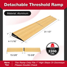 Ruedamann 1" Rise Modular Threshold Ramp for Doorways, 2200 lbs Capacity, Warm Light Wood Grain Door Threshold Ramp, Aluminum Non-Slip Door Ramps for Wheelchair, Walker, Scooter, Pets, 2 Pcs