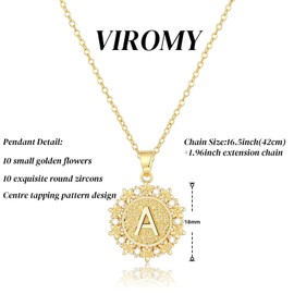 VIROMY Delicate Gold Necklace for Women 14K Gold Plated Flower A Initial Pendant Necklace for Women Charm Zircon Chain Dainty Name Jewellery for Gifts