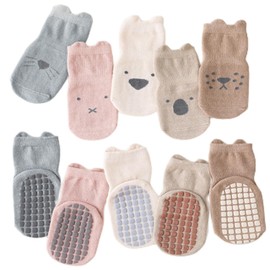 5 Pairs Baby Socks, Unisex Baby Non Slip Grip Socks, Toddler Crawling Socks Children Soft Cotton Floor Socks Knee High Anti Skid Crew Slipper Grip Newborn Cartoon Socks for Kids (L(3-5 years))