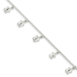 925 Sterling Silver 2mm Polished Turtle Chain Anklet with 1in Extender Length