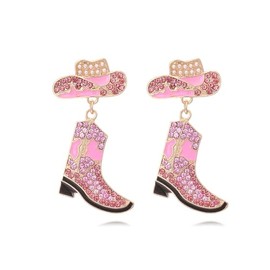 Western Boots Hat Rhinestone Sparkly Dangle Drop Earrings Boho Rodeo Cowgirl Cowboy Enamel Crystal Earrings for Women Country Concert Party Outfits Jewelry Gift-Pink