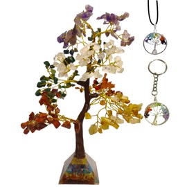 Sawcart Seven Chakra Crystal Bonsai Money Tree with Pyramid Base & 7 Chakra Tree of Life Pendant & Key Ring Natural Stone Combo Gemstone Feng Shui Home Office Decor Reiki Healing(10-12")