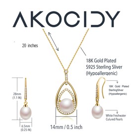 AKOCIDY - Juego de collar y pendientes colgantes de perlas cultivadas en agua dulce para mujer, plata de ley 925, juego de joyas para novia, 18inchs, Oro, nácar