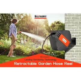 Blütezeit Retractable Garden Hose Reel, 1/2'' x 65ft+6ft Hose Reel Wall Mount with 9 Function Nozzle | Any Length Lock | 180° Swivel Bracket | Automatic Slow Rewind Self-Winding