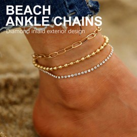 Thoquene Pack of 3 Anklets for Women, Adjustable Boho Anklets for Women, Waterproof Anklets