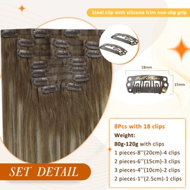 Full Shine Seamless Clip in Extensions PU Weft 18 Inch Clip in Hair Extensions for Women Remy Human Hair 8 Pcs Hairpiece 105 Grams Brown Ombre Chestnut Brown Highlights Platinum Blonde Color 6/60/6