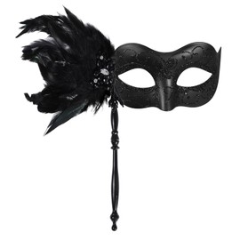 LiuSuper Masquerade Mask for Women with Stick - Shiny Women's Feather Mardi Gras Venetian Mask for Costume Accessory (Black)