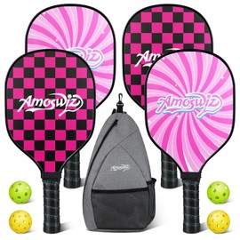 Amoswiz Pink Pickleball Paddle, Cute Pickleball Paddles Set of 4 with Indoor & Outdoor Balls, Pickleball Practice Rackets Gift for Women & Kids