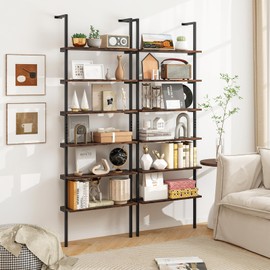 Tangkula Industrial 6-Tier Bookshelf, 72" Tall Wall Mounted Ladder Shelf with Heavy-Duty Metal Frame, Vintage Vertical Open Display Shelf Bookcase for Living Room, Office, Balcony (1, Rustic Brown)