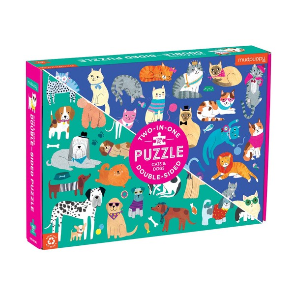 Mudpuppy Cats and Dogs Double-Sided Puzzle, 100 Pieces, 22”x16.5” – Perfect Family Puzzle for Ages 6+ - Colorful Illustrations of Dogs on One Side and Cats on The Other – Two Fun Puzzles in One Box