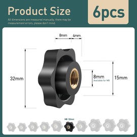 BOUMVID Star Grip Nut M8 Pack of 6, Wing Nut Outer Diameter 32 mm, Knurled Screw Female Thread Brass, Star Handle for Machines and Systems, Machine Tools, Fitness Equipment, Furniture